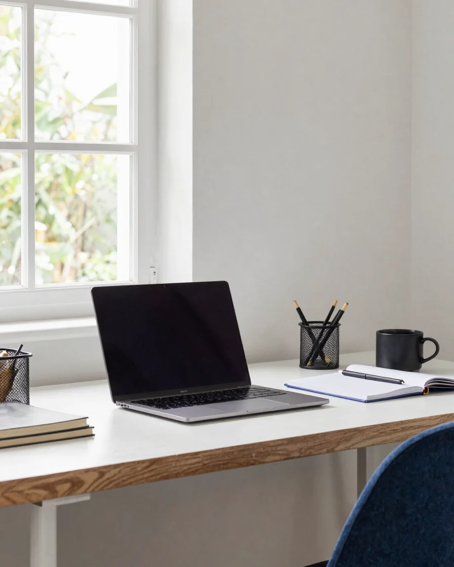 Editorial photograph of a tidy modern home workspace with a lapto