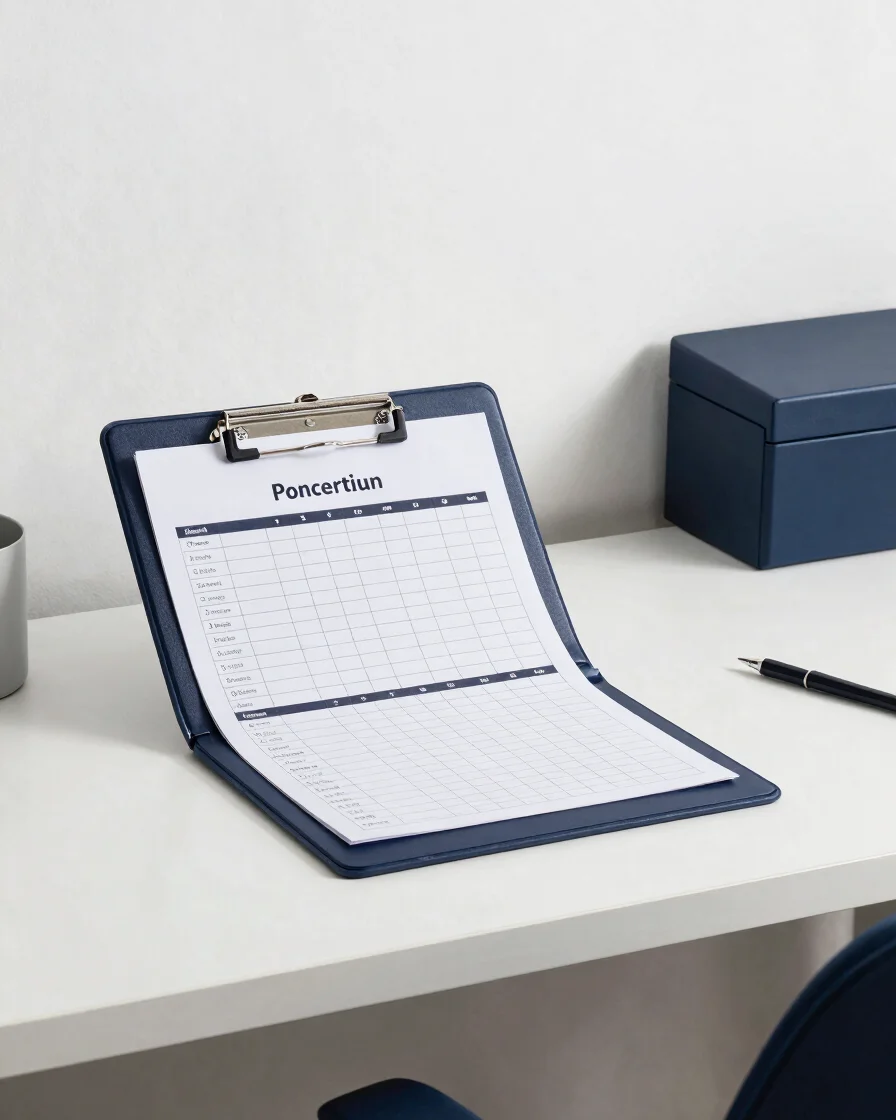 Editorial product photography of a neatly arranged navy and white
