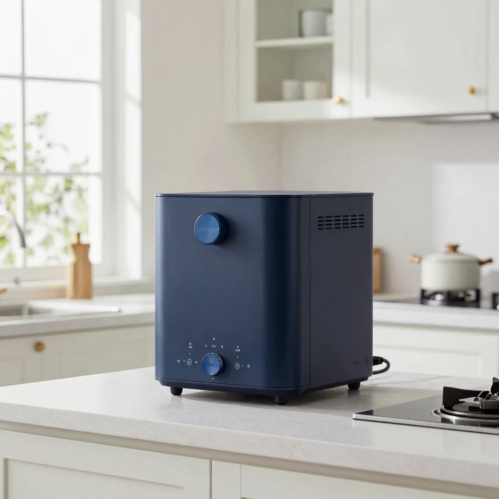 Editorial product photography of a compact countertop appliance i