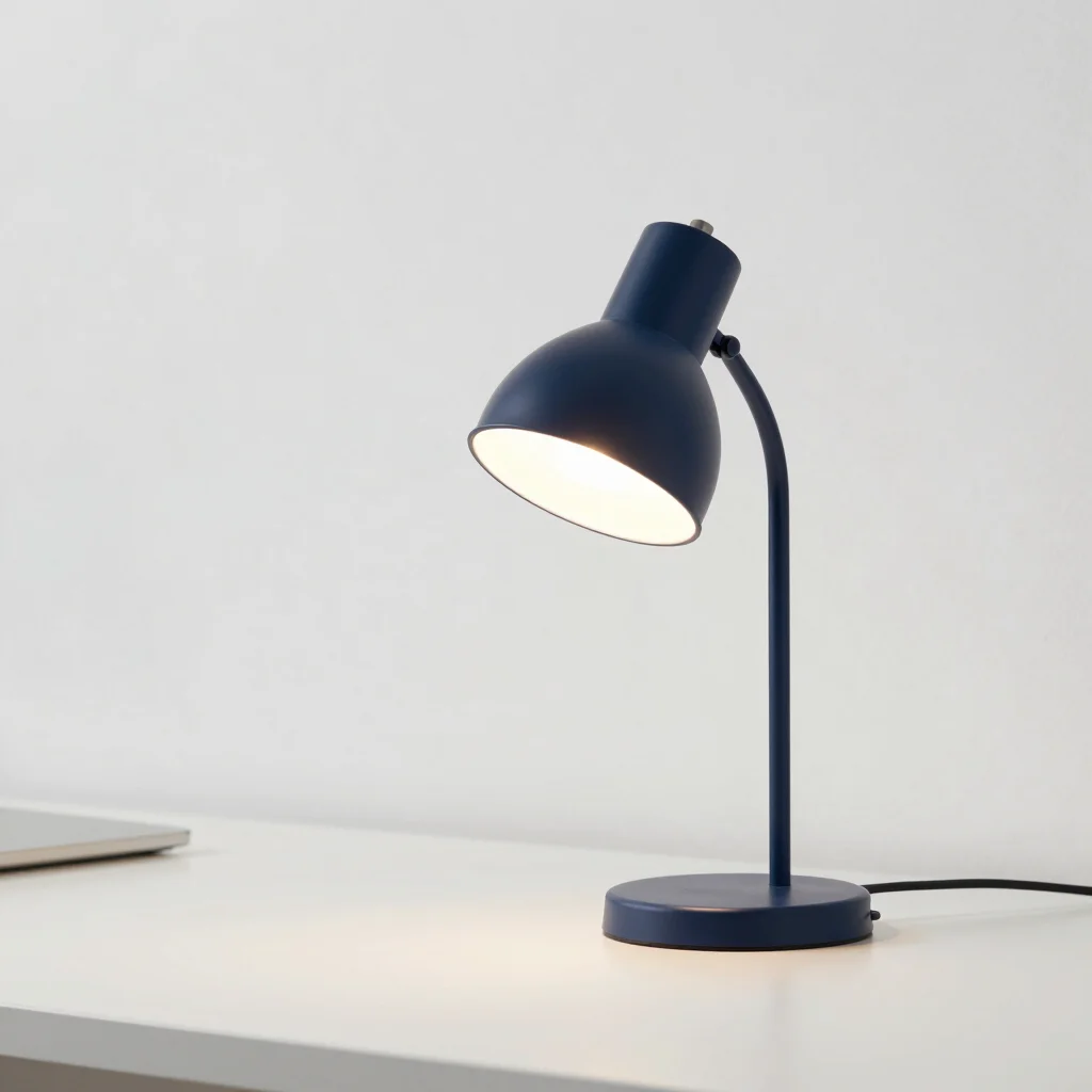 Editorial product photography of a minimalist desk lamp on a whit